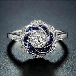 Silver and Blue Floral Ring Size 7